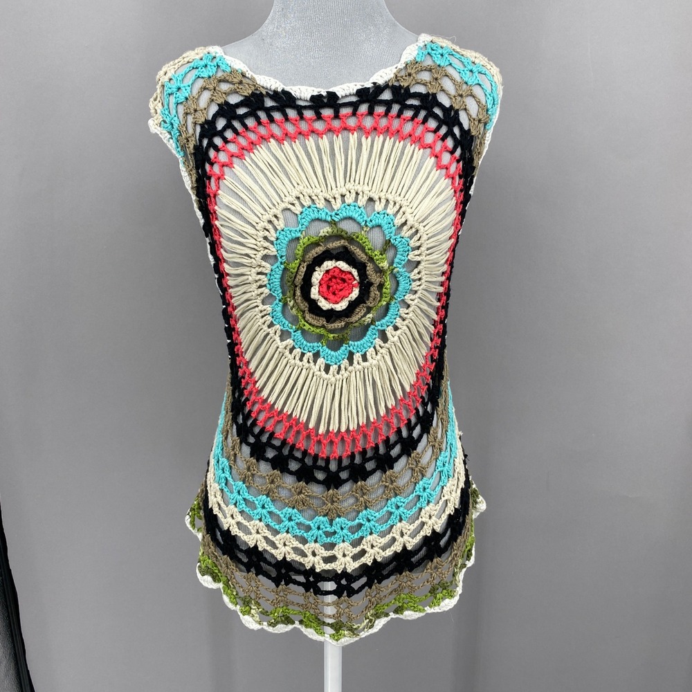 Handmade Crochet Mandala Sunburst Top Womens S Medium Multicolor Boho Festival